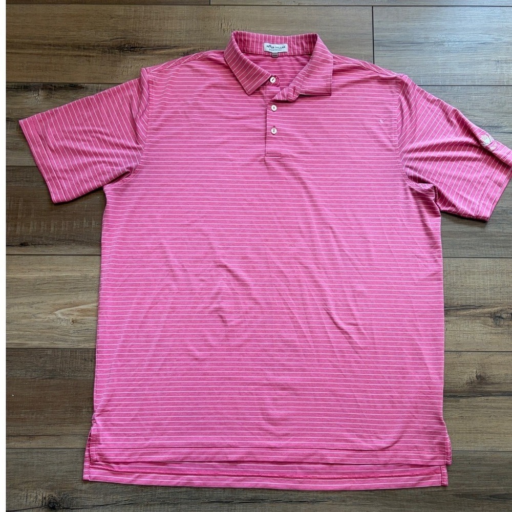 Peter Millar Summer Comfort Pink Striped Polo Shirt Mens XL Oakwood Golf Logo